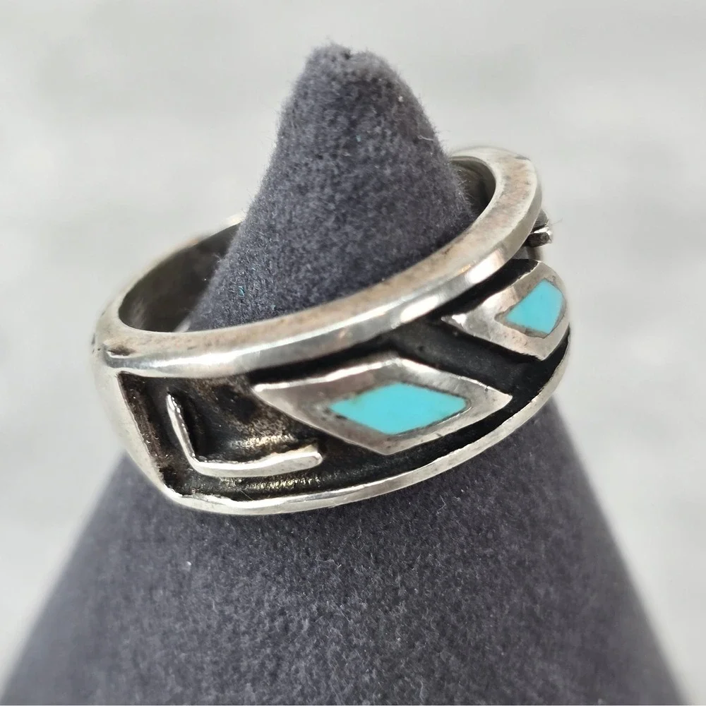 Vintage Southwestern Ring Turquoise Inlay Geometric Band Silver Tone Size 9